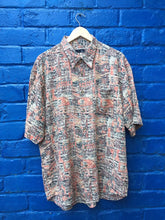 Vintage 90s abstract Aztec trippy grey brown coral soft poly viscose oversized large ugly shirt